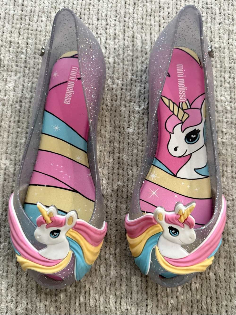Mini Melissa Unicorn Glitter Jelly Flats Rainbow Shoes Kids Size 2